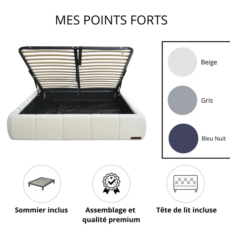 Lit coffre Aneto, tête de lit, grand espace de stockage, tissu chenille - Collection Aneto