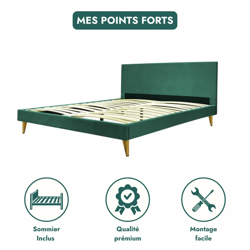 Lit velours doux avec lattes flexibles et tête de lit - Collection Menthe