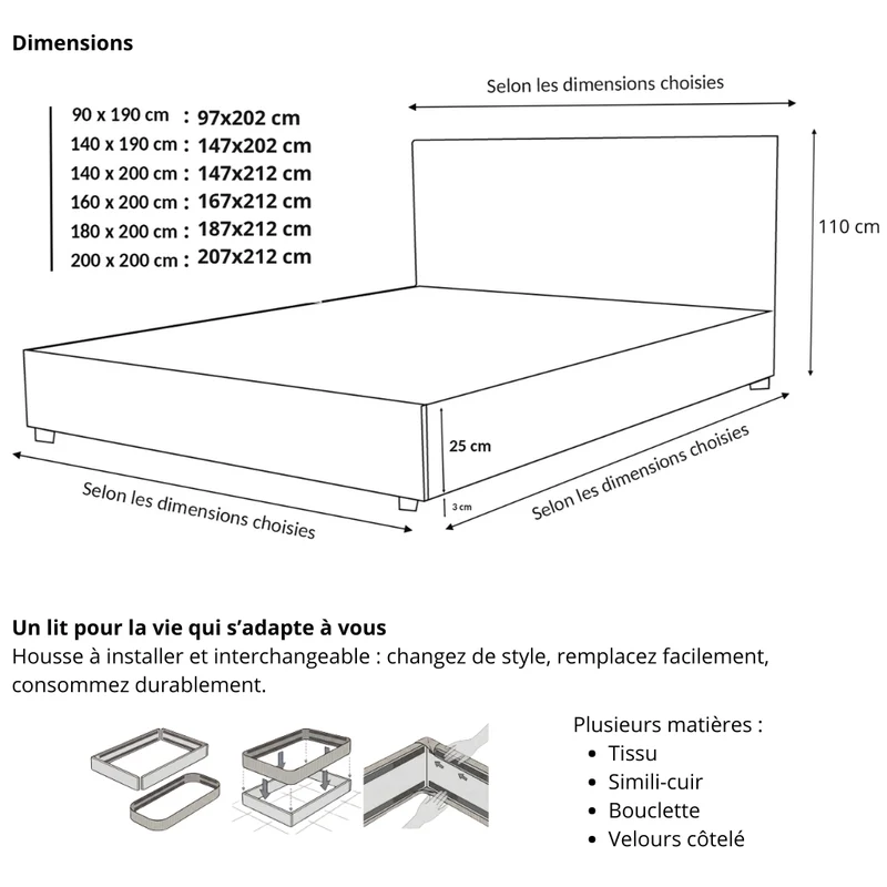 Ensemble literie complet avec lit coffre et matelas d'hôtel - Collection Simili cuir