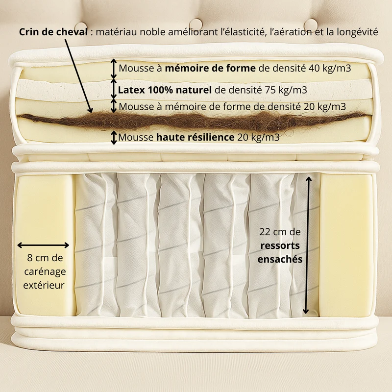 Matelas latex, crin de cheval, mémoire de forme et ressorts - Collection Signature