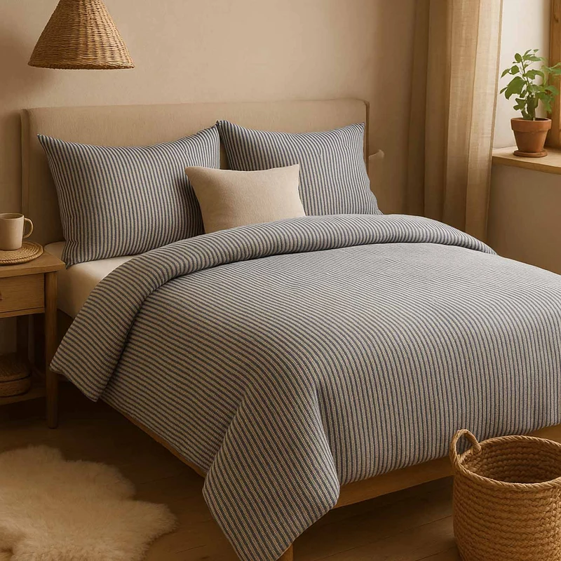 Bettwäsche Set: Flanell weiß blau gestreift