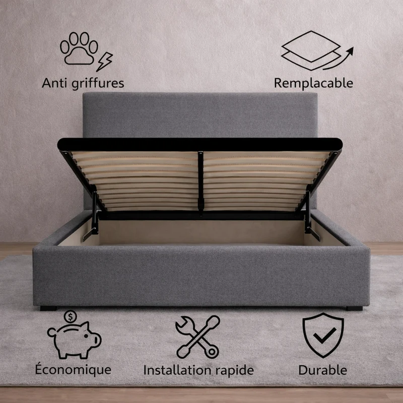 Housse structure lit coffre tissu gris foncé