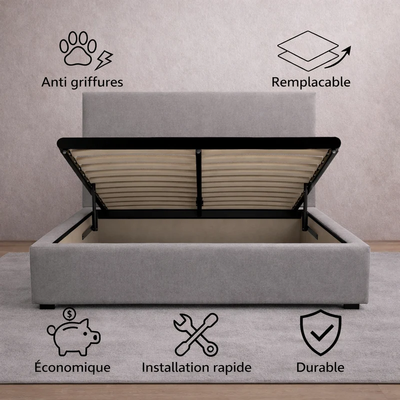 Housse structure lit coffre tissu gris clair