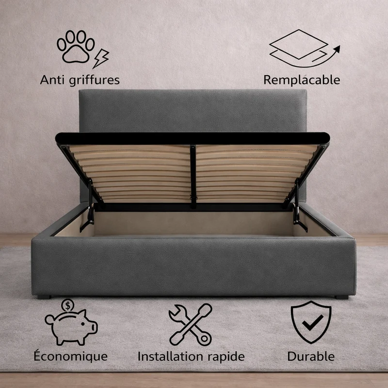 Housse structure lit coffre simili cuir gris