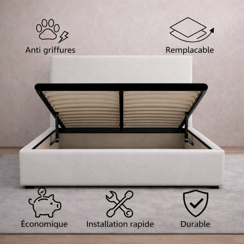 Housse structure lit coffre simili cuir blanc