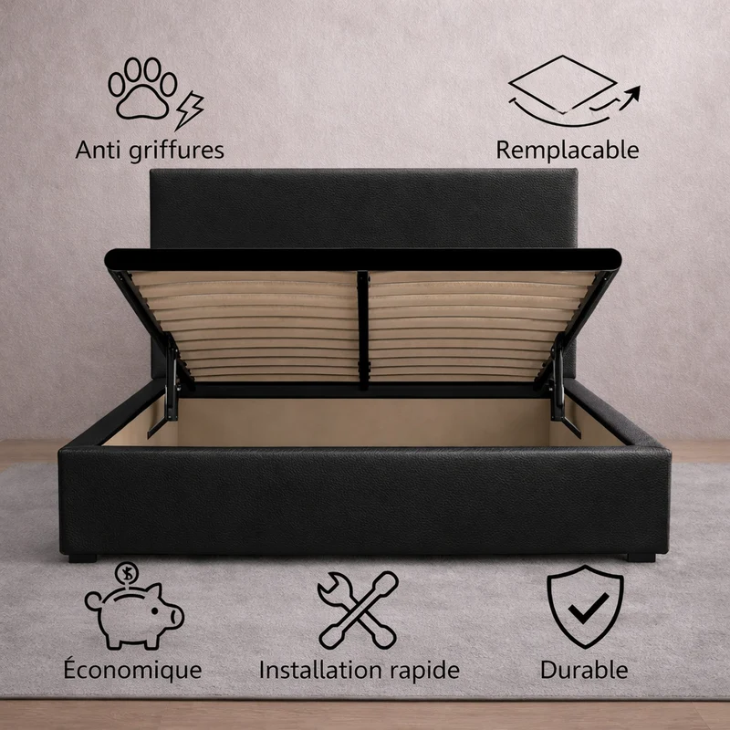 Housse structure lit coffre simili cuir noir
