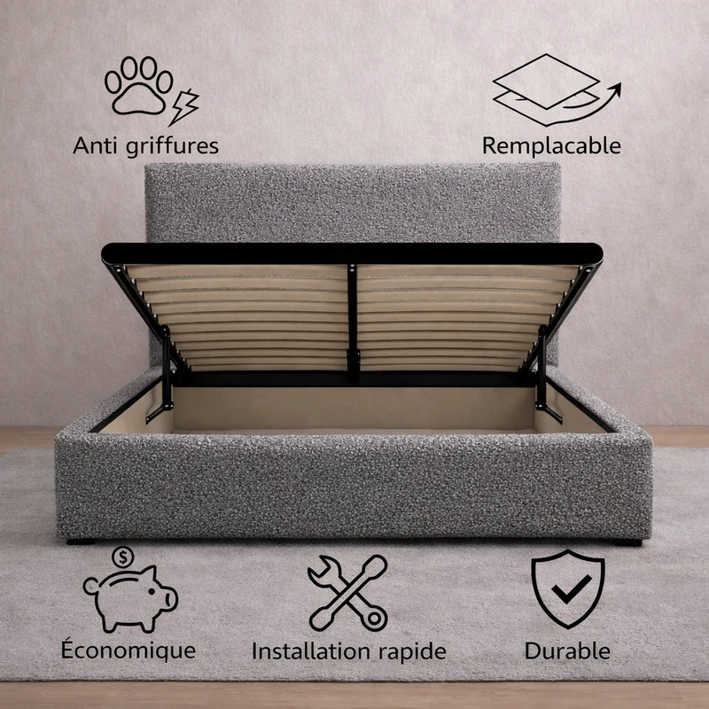 Housse structure lit coffre bouclette gris