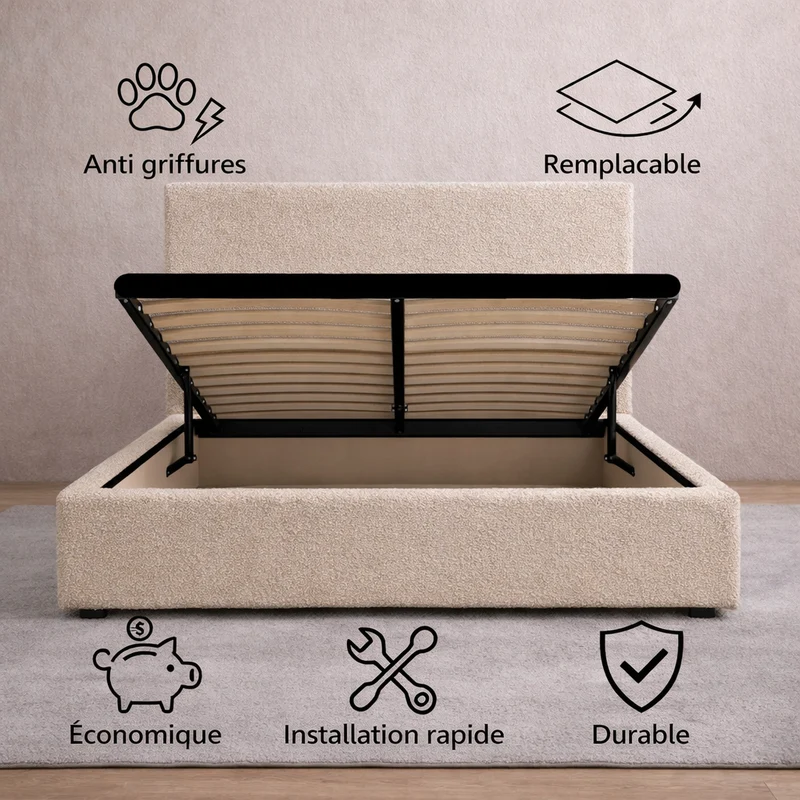 Housse structure lit coffre bouclette sable