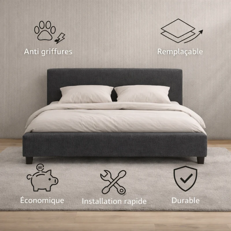 Housse de tête de lit tissu gris foncé