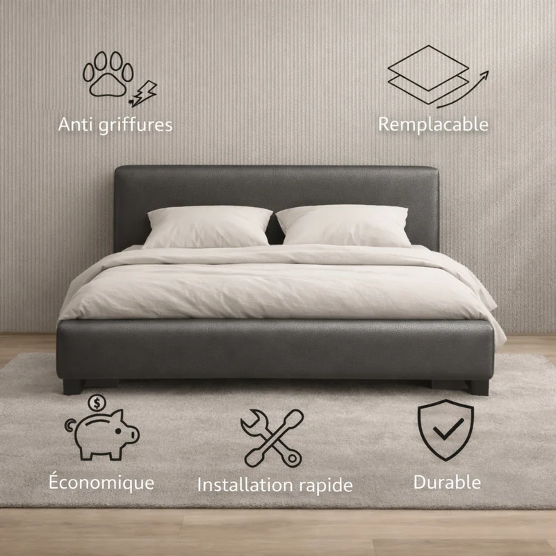 Tête de lit avec housse simili cuir gris