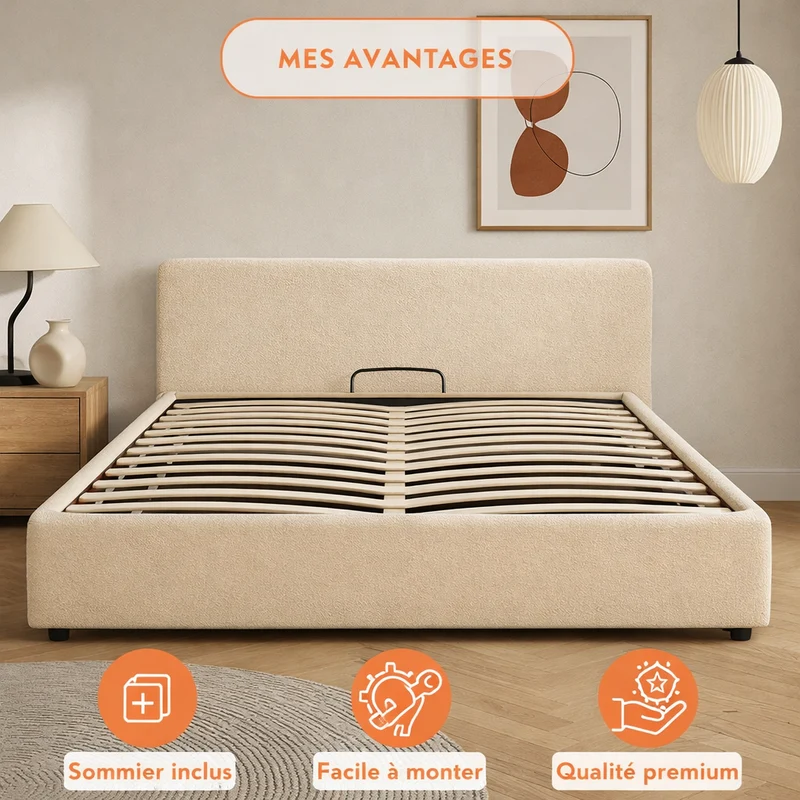 Lit coffre électrique avec tête de lit, bouclette, télécommande - Collection Futura design