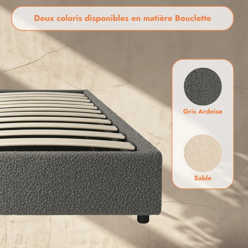 Lit coffre électrique bouclette, télécommande, sommier flexible - Collection Futura