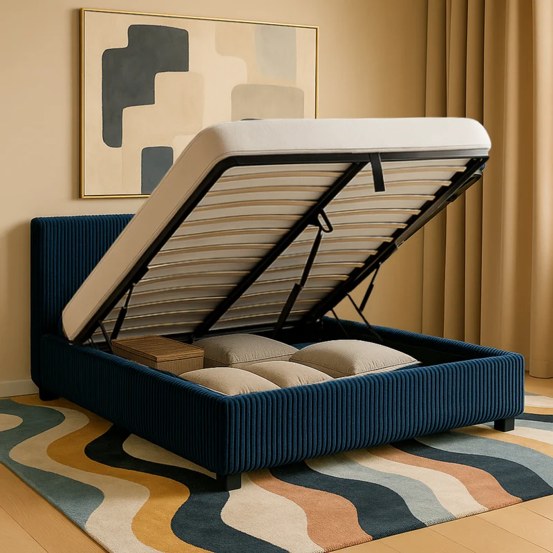 Lit coffre électrique avec tête de lit, velours côtelé, télécommande - Collection Futura design