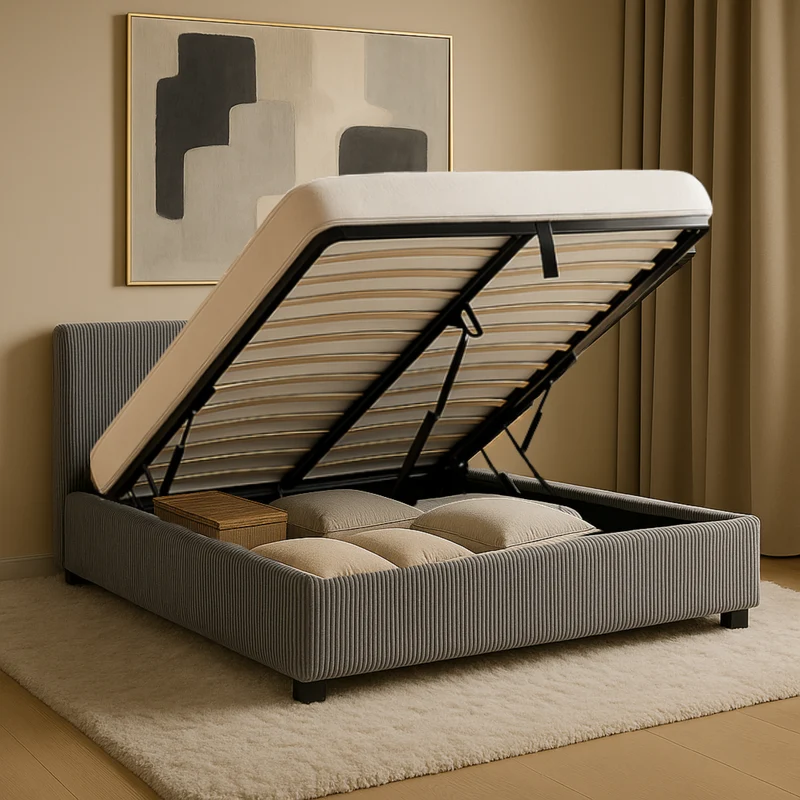 Lit coffre électrique avec tête de lit, velours côtelé, télécommande - Collection Futura design