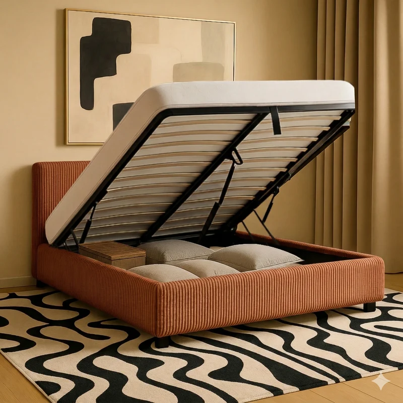 Lit coffre électrique avec tête de lit, velours côtelé, télécommande - Collection Futura design