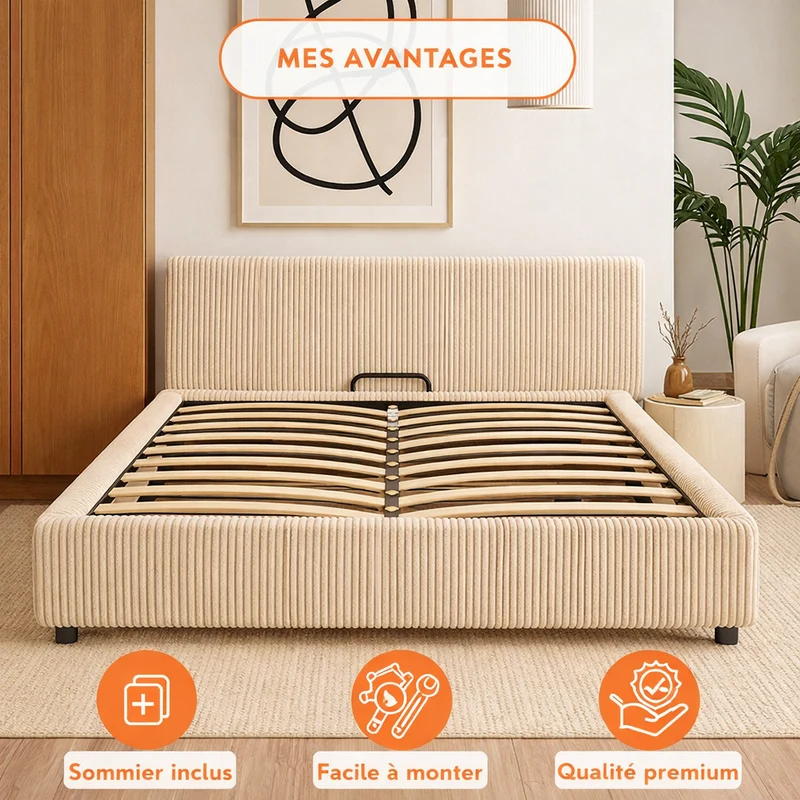 Lit coffre électrique avec tête de lit, velours côtelé, télécommande - Collection Futura design