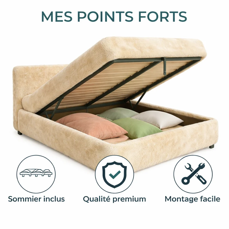 Lit coffre fourrure, tête de lit, grand espace de stockage - Collection Versailles