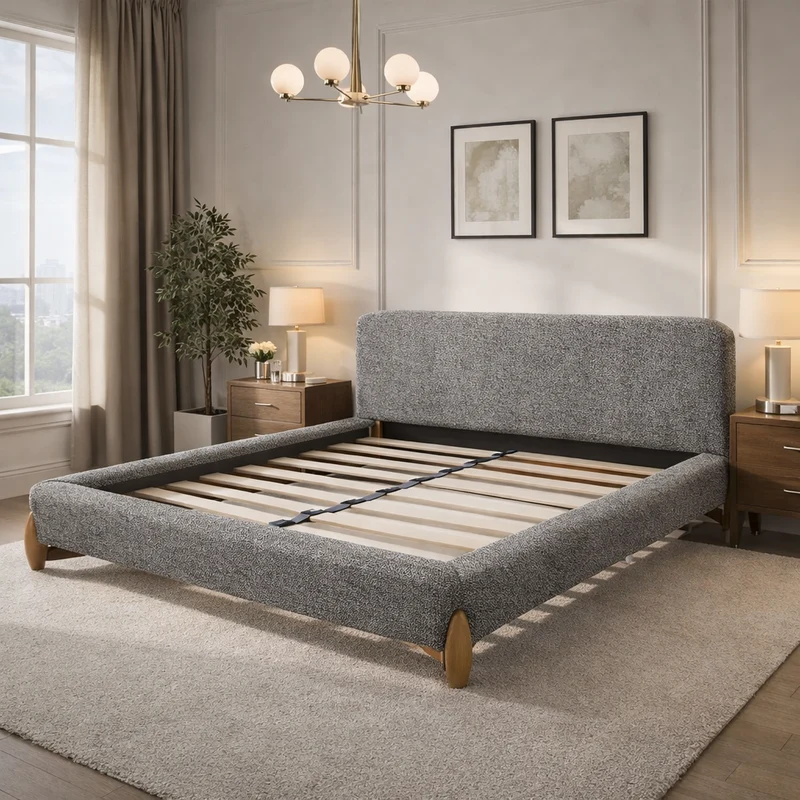 Lit en tissu feutrine avec lattes massives et tête de lit - Collection Capucine