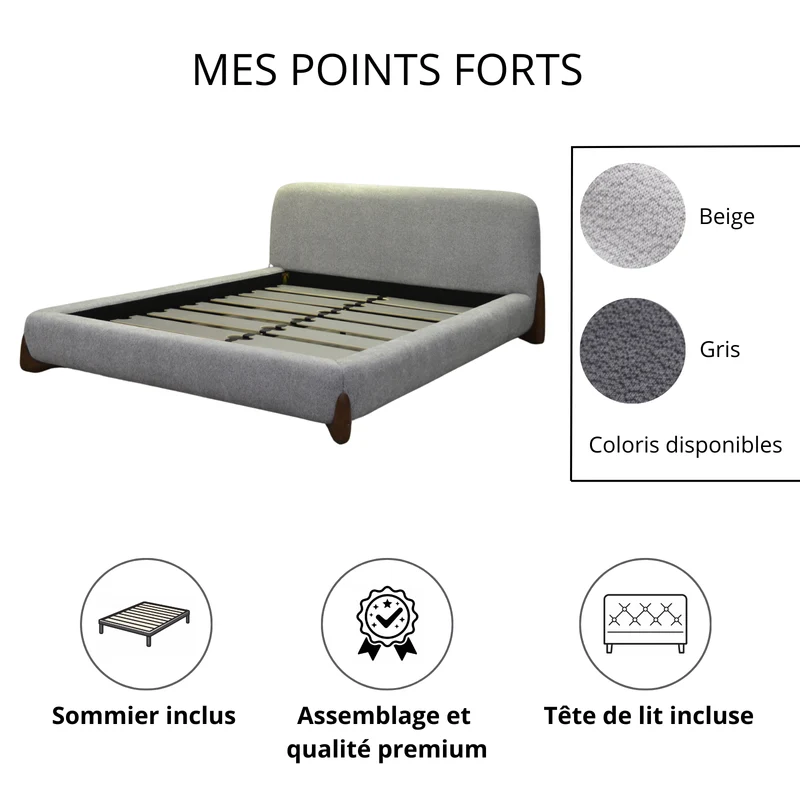 Lit en tissu feutrine avec lattes massives et tête de lit - Collection Capucine
