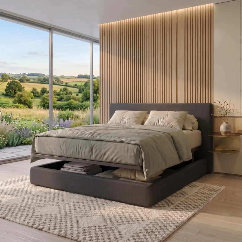 Lit coffre avec tête de lit ouverture latérale et frontale tissu - Collection Parallèle design