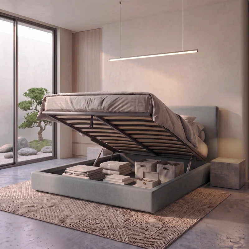 Lit coffre avec tête de lit ouverture latérale et frontale tissu - Collection Parallèle design