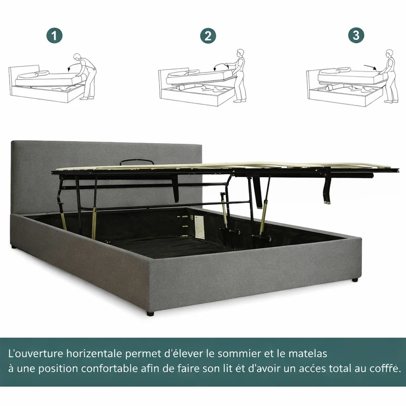 Lit coffre avec tête de lit ouverture latérale et frontale tissu - Collection Parallèle design