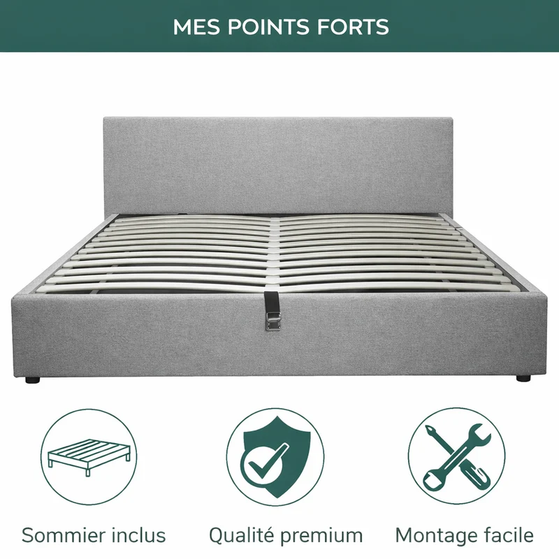 Lit coffre avec tête de lit ouverture latérale et frontale tissu - Collection Parallèle design