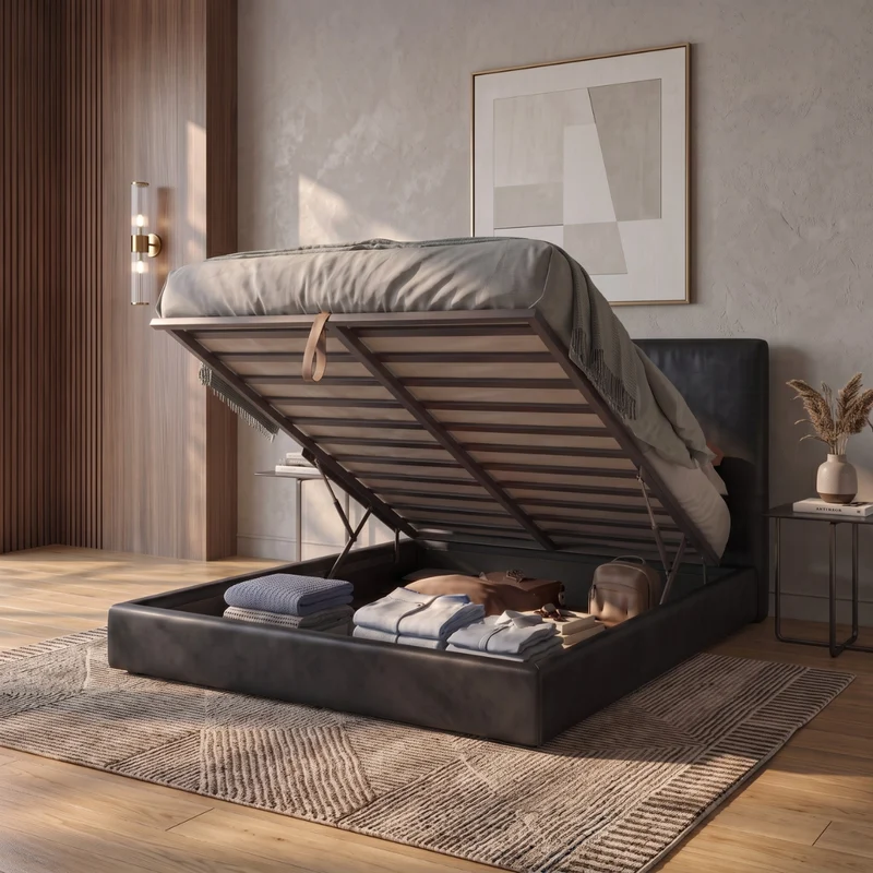 Lit coffre Lit coffre avec tête de lit ouverture latérale et frontale simili cuir - Collection Parallèle design