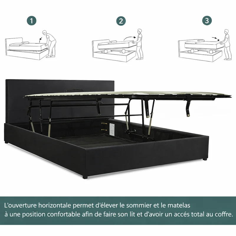 Lit coffre avec tête de lit ouverture latérale et frontale bouclette - Collection Parallèle design
