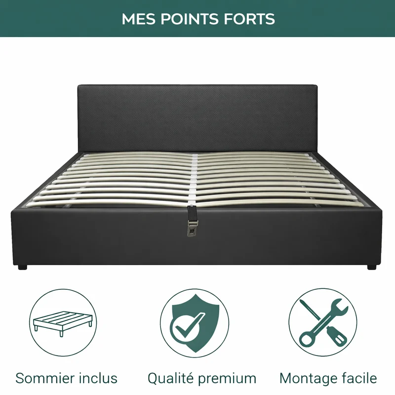 Lit coffre avec tête de lit ouverture latérale et frontale bouclette - Collection Parallèle design