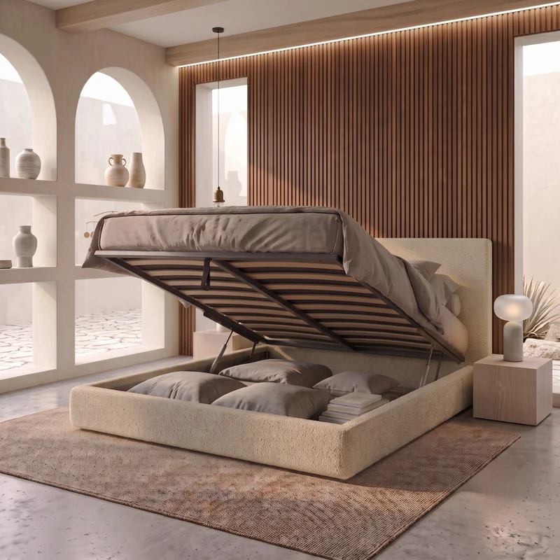 Lit coffre avec tête de lit ouverture latérale et frontale bouclette - Collection Parallèle design