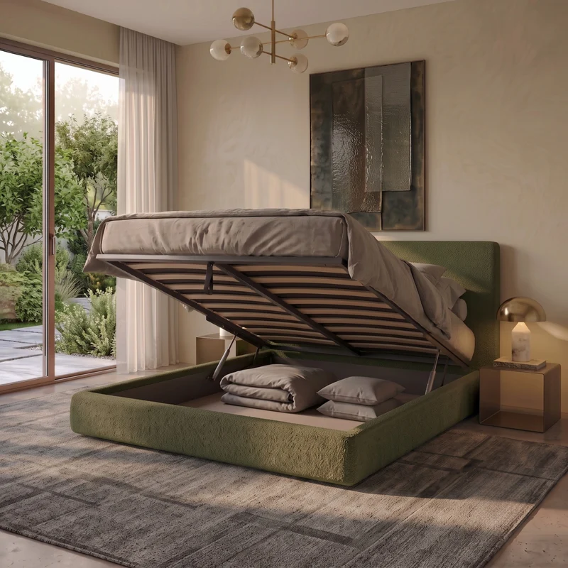 Lit coffre avec tête de lit ouverture latérale et frontale bouclette - Collection Parallèle design