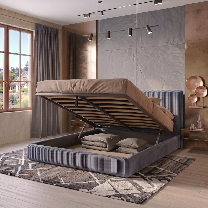 Lit coffre avec tête de lit ouverture latérale et frontale velours côtelé - Collection Parallèle design