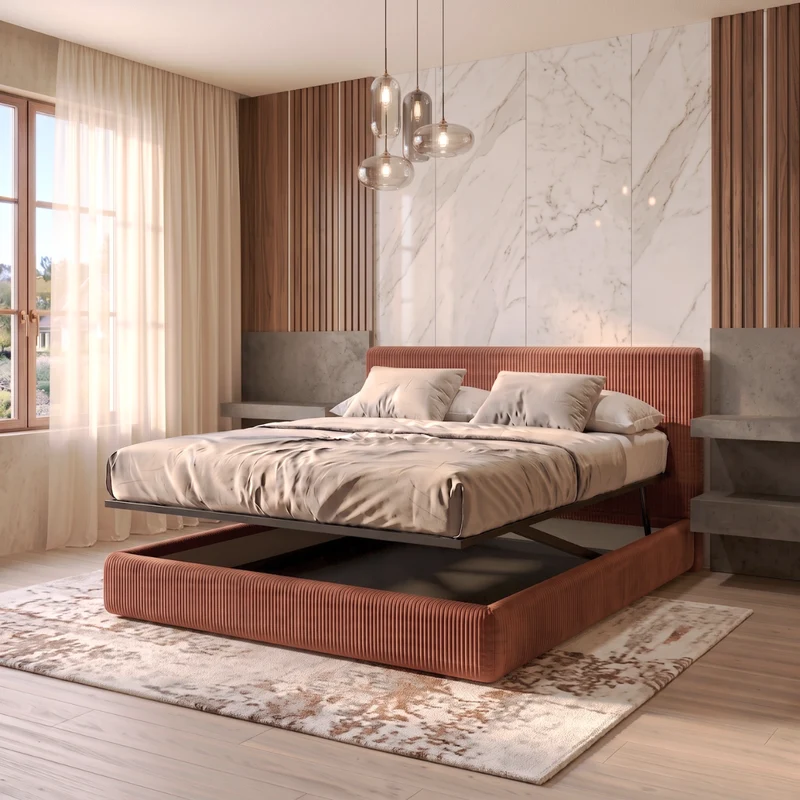 Lit coffre avec tête de lit ouverture latérale et frontale velours côtelé - Collection Parallèle design