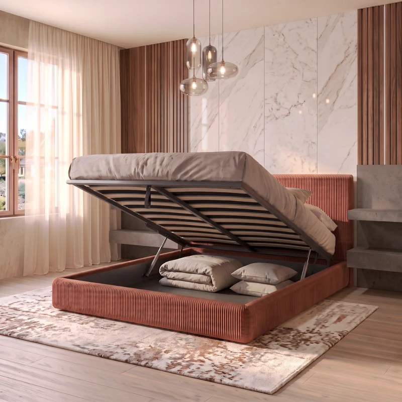 Lit coffre avec tête de lit ouverture latérale et frontale velours côtelé - Collection Parallèle design