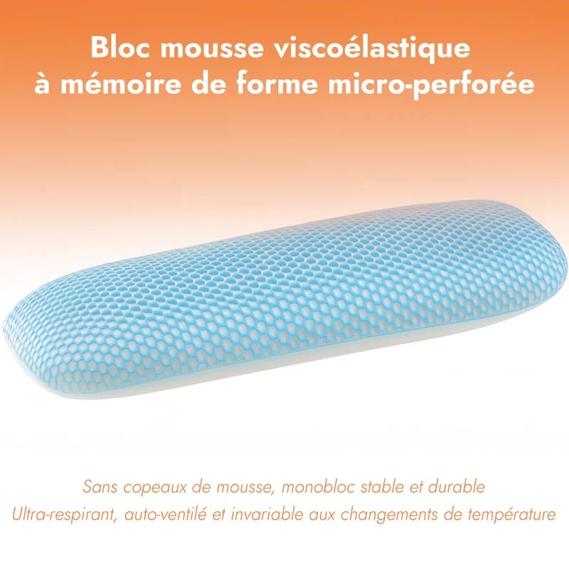 Traversin mémoire de forme intelligent, structure alvéolée, déhoussable - Collection TPE
