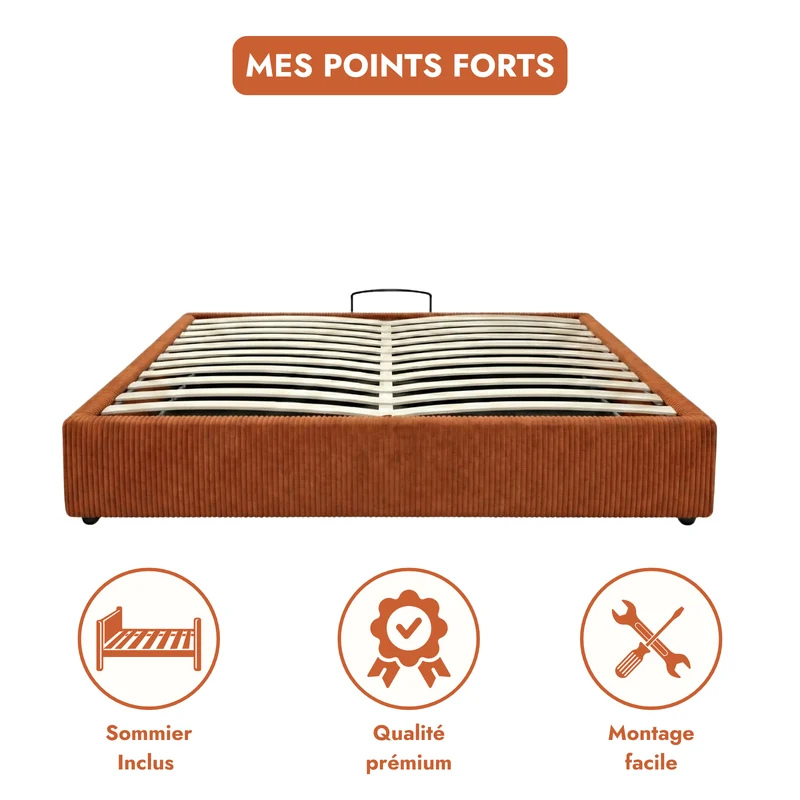 Lit coffre électrique velours côtelé, télécommande, sommier flexible - Collection Futura