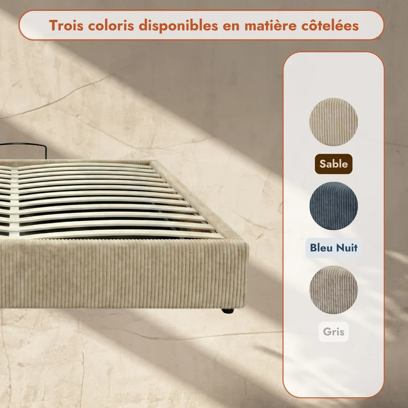 Lit coffre électrique velours côtelé, télécommande, sommier flexible - Collection Futura