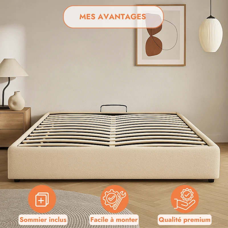 Lit coffre électrique bouclette, télécommande, sommier flexible - Collection Futura