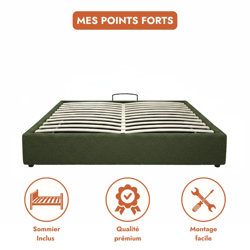 Lit coffre électrique bouclette, télécommande, sommier flexible - Collection Futura