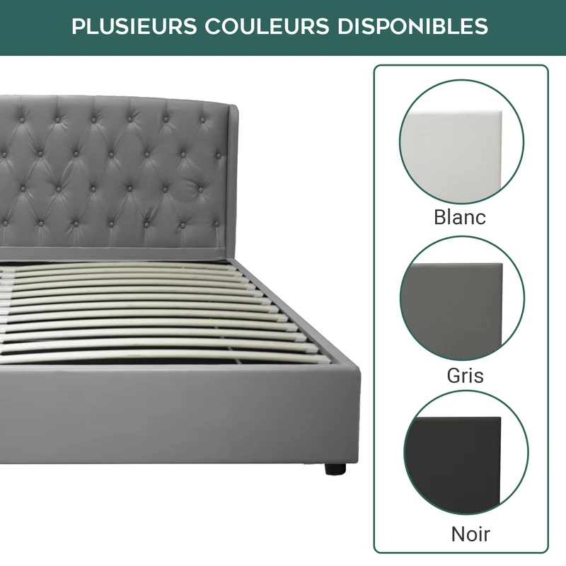 Lit coffre sommier relevable Monceau capitonné chic : simili cuir et sommier à lattes en bois flexibles