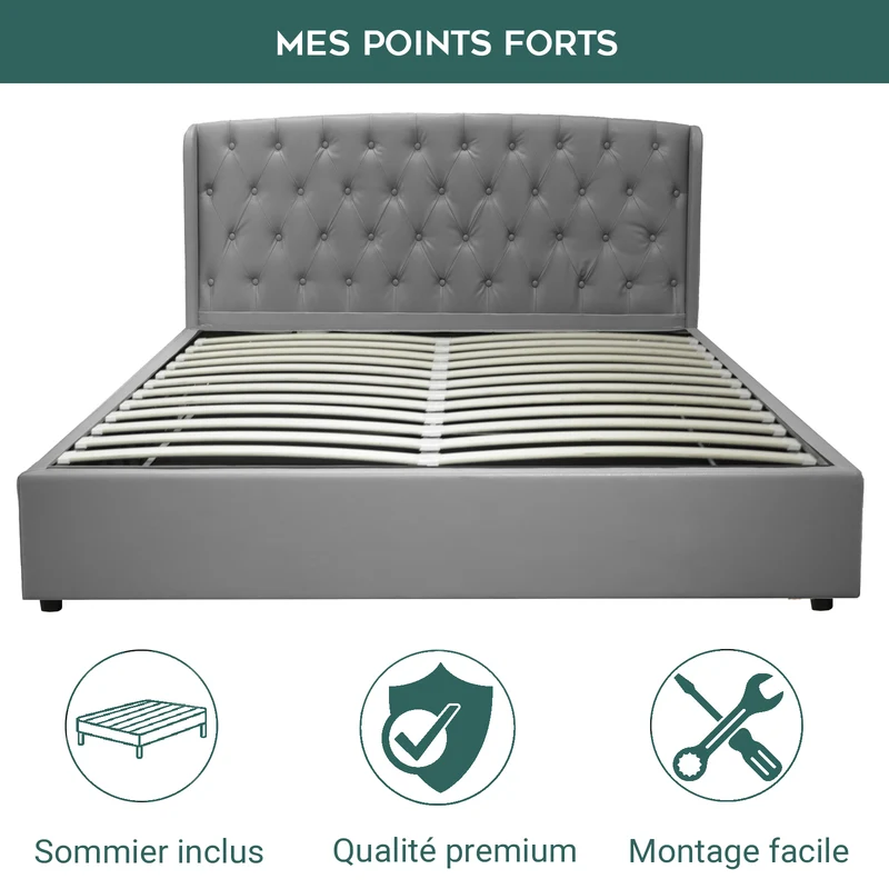 Lit coffre sommier relevable Monceau capitonné chic : simili cuir et sommier à lattes en bois flexibles