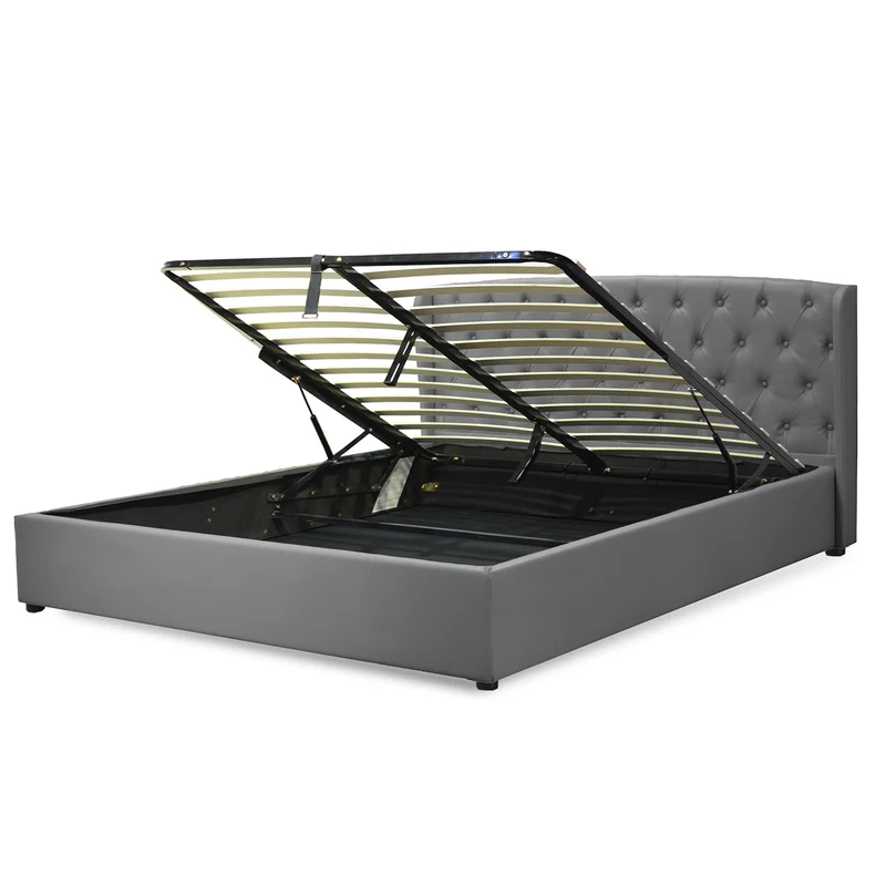 Lit coffre sommier relevable Monceau capitonné chic : simili cuir et sommier à lattes en bois flexibles