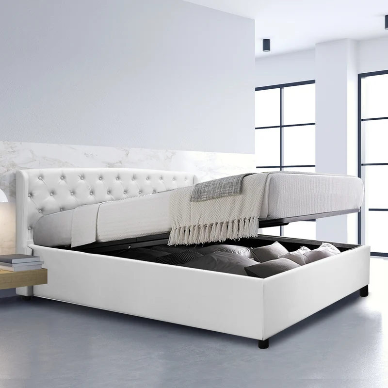Lit coffre sommier relevable Monceau capitonné chic : simili cuir et sommier à lattes en bois flexibles