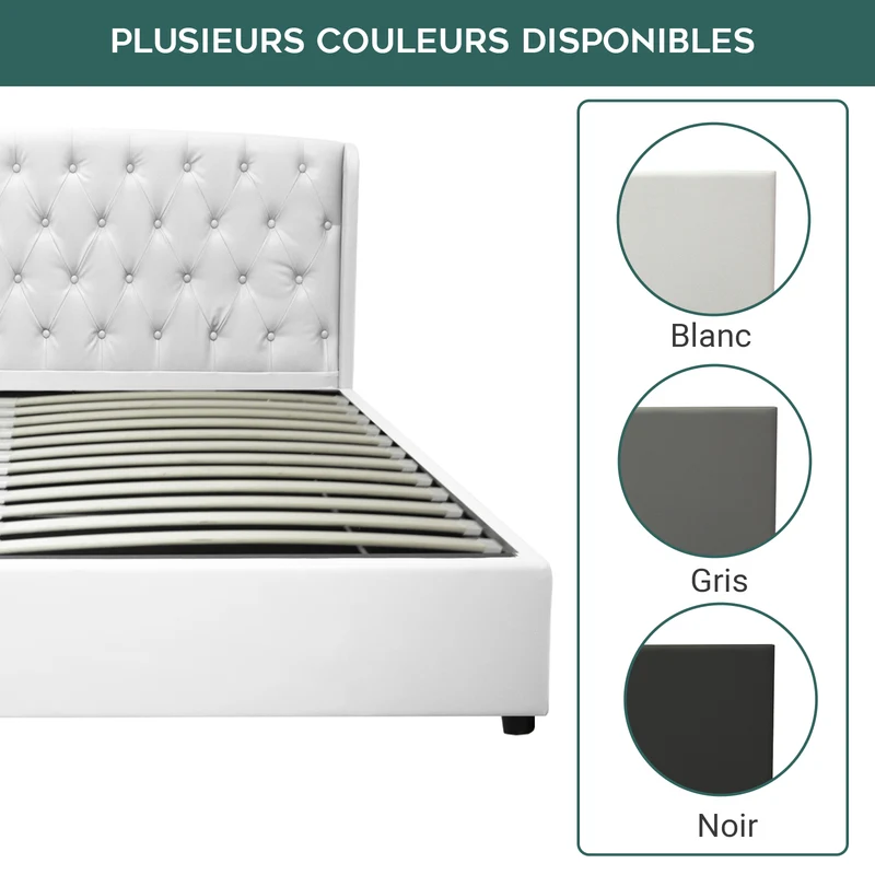 Lit coffre sommier relevable Monceau capitonné chic : simili cuir et sommier à lattes en bois flexibles