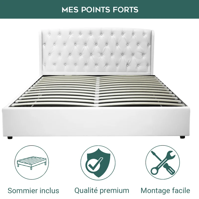Lit coffre sommier relevable Monceau capitonné chic : simili cuir et sommier à lattes en bois flexibles