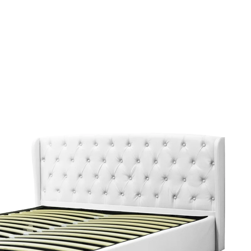 Lit coffre sommier relevable Monceau capitonné chic : simili cuir et sommier à lattes en bois flexibles