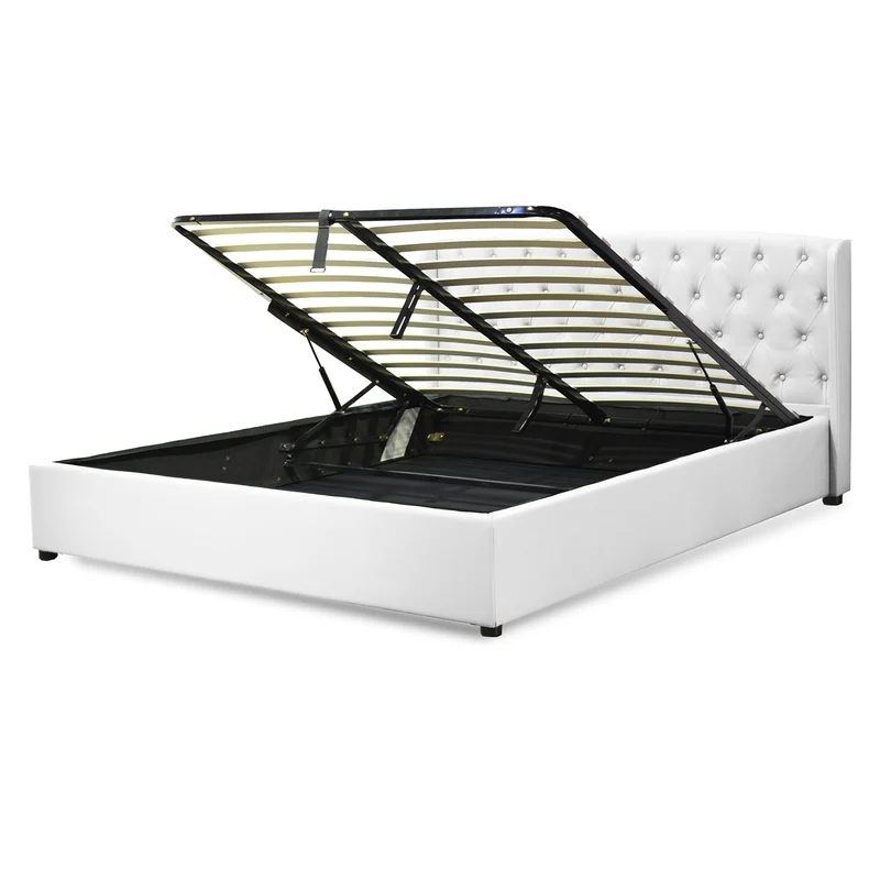 Lit coffre sommier relevable Monceau capitonné chic : simili cuir et sommier à lattes en bois flexibles