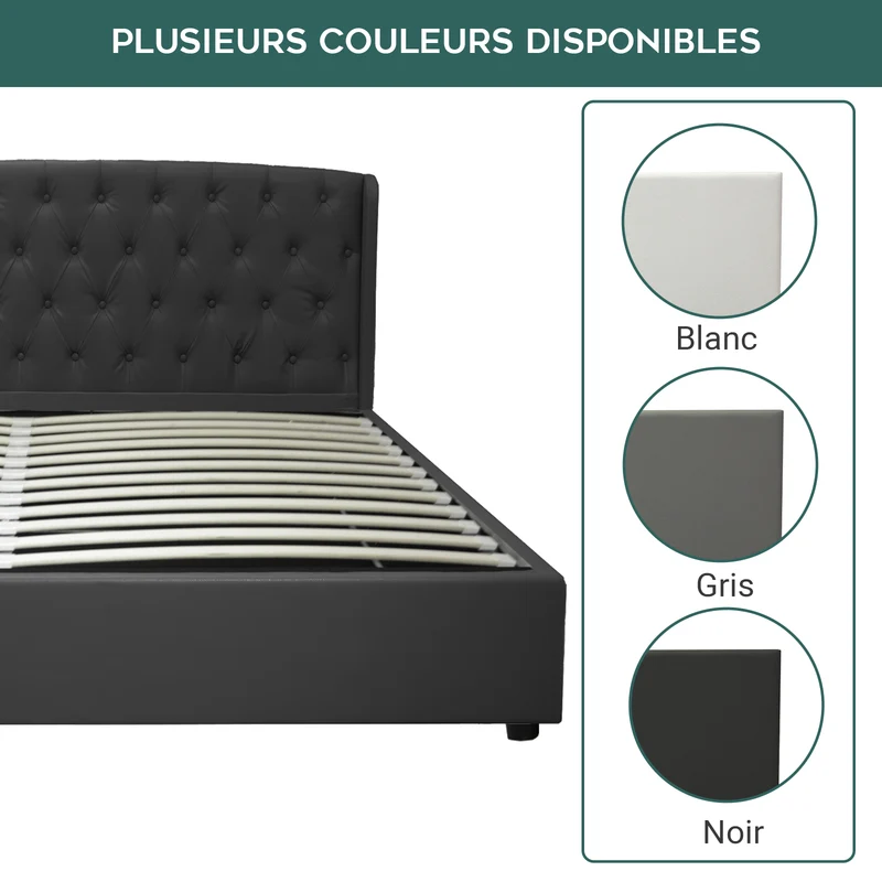 Lit coffre sommier relevable Monceau capitonné chic : simili cuir et sommier à lattes en bois flexibles