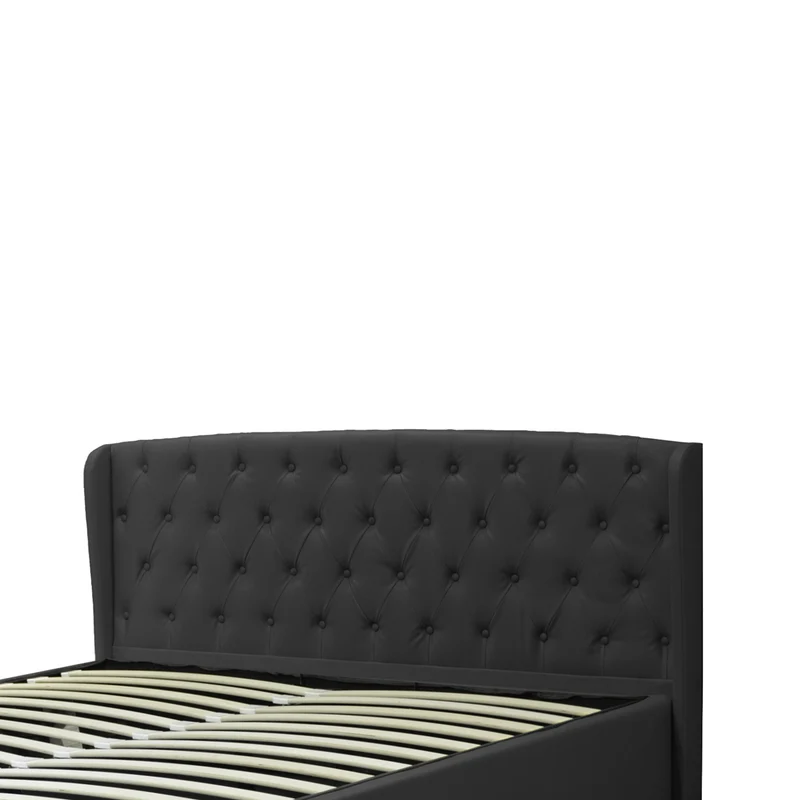 Lit coffre sommier relevable Monceau capitonné chic : simili cuir et sommier à lattes en bois flexibles